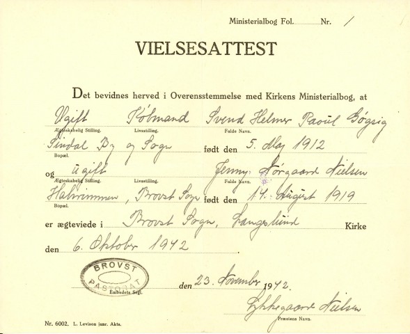 Vielsesattest Jenny og Svend